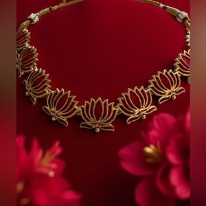 Elegant Gold and Pink Lotus Choker Necklace and Earrings